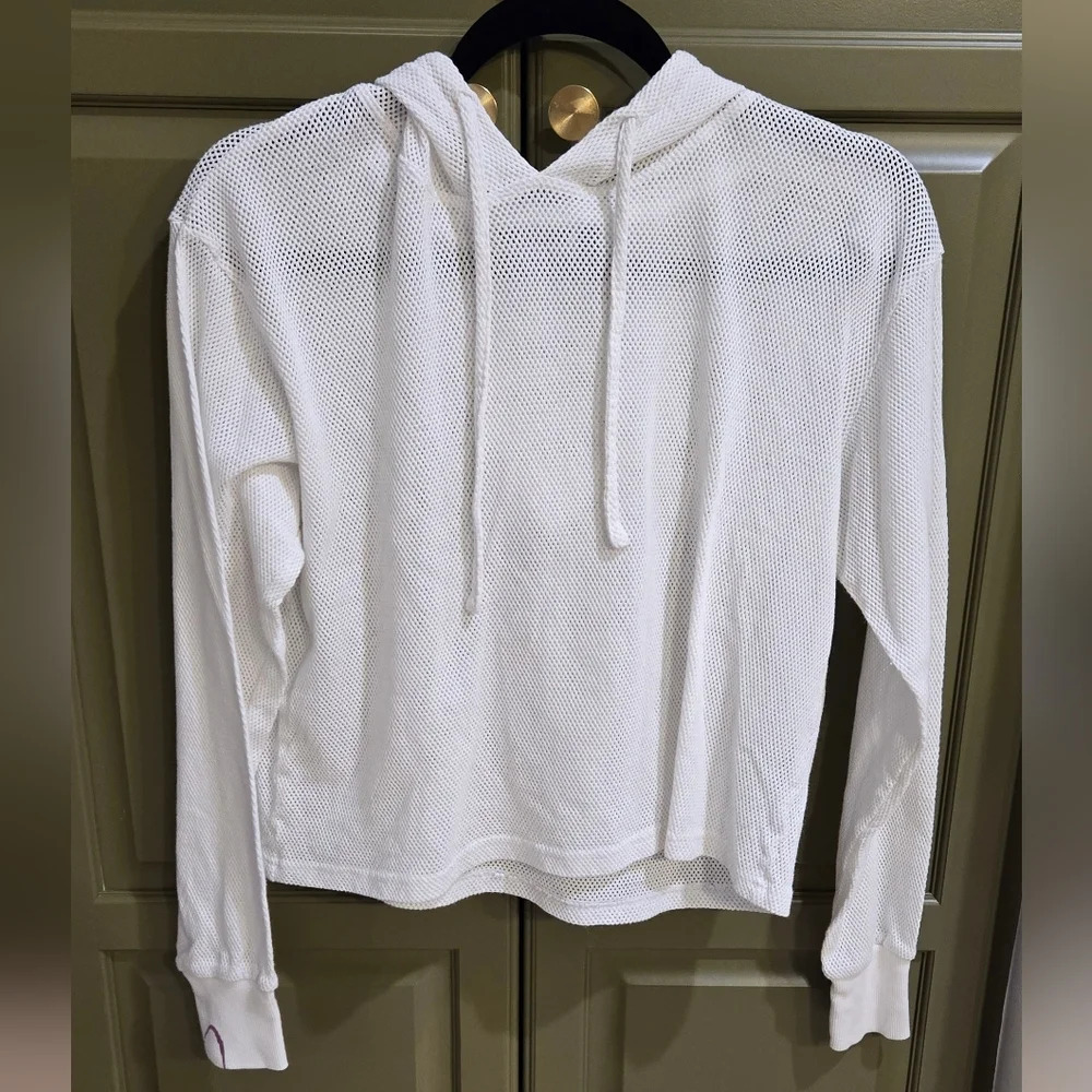 Peach white cotton mesh long sleeve hoodie